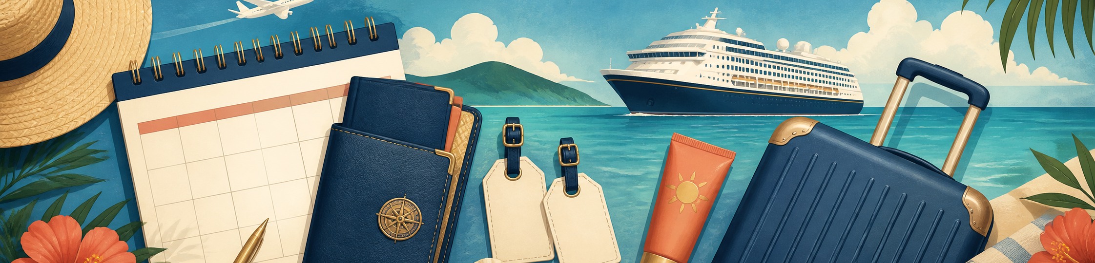 Illustrated cruise planning scene with a calendar, travel documents, luggage and a ship