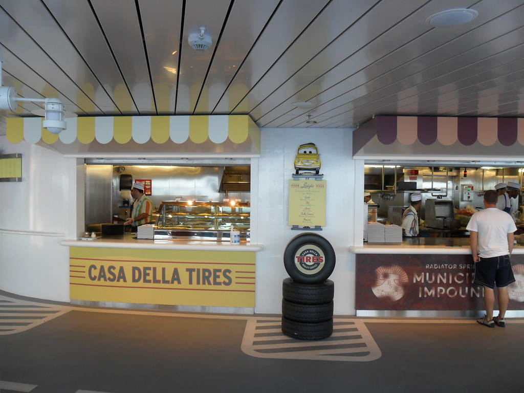 Two themed outdoor food counters within Flo's Cafe on Disney Fantasy