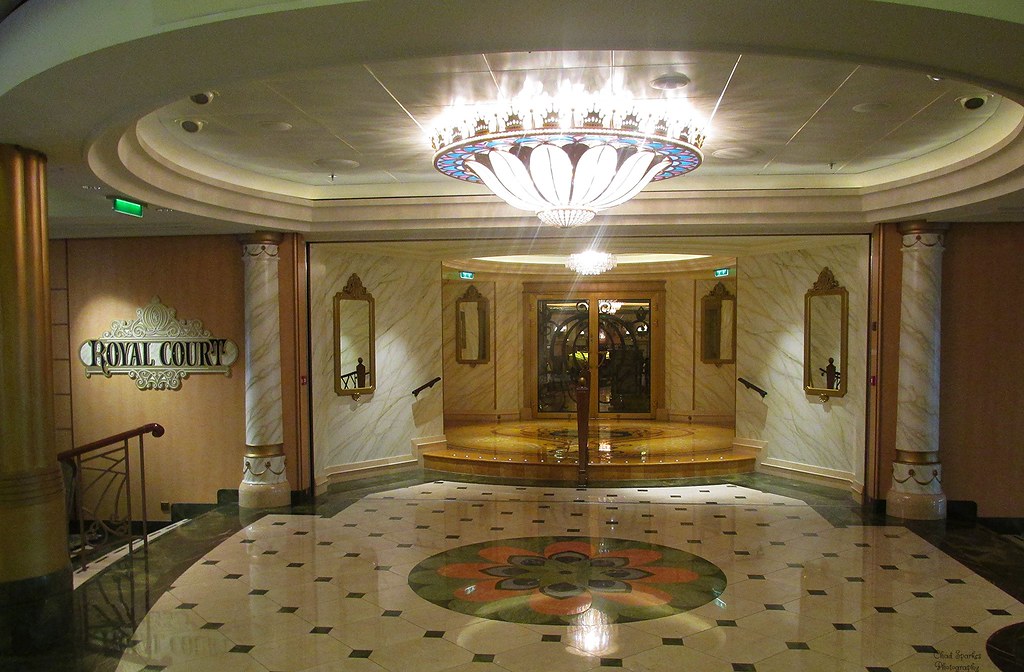 Illuminated entrance to Royal Court restaurant on Disney Fantasy