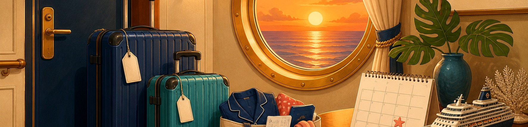 Illustrated cruise cabin on the final evening with luggage and a future-voyage postcard
