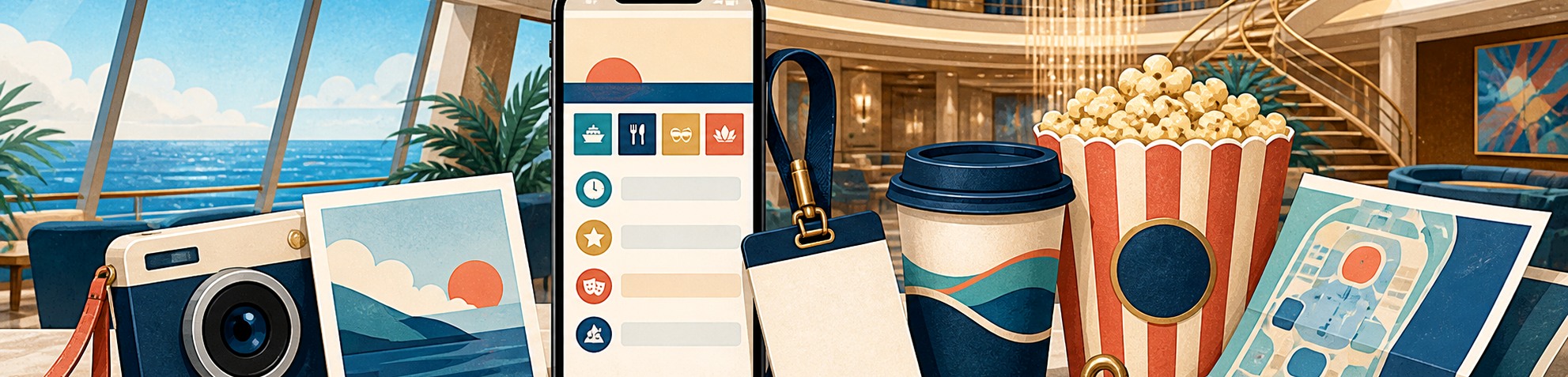 Illustrated cruise-planning app, ship card, coffee, camera and onboard essentials